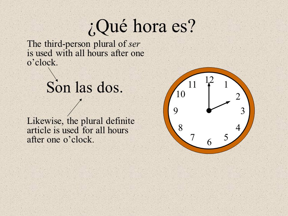 ¿Qué hora es The third-person plural of ser is used with all hours after one o’clock
