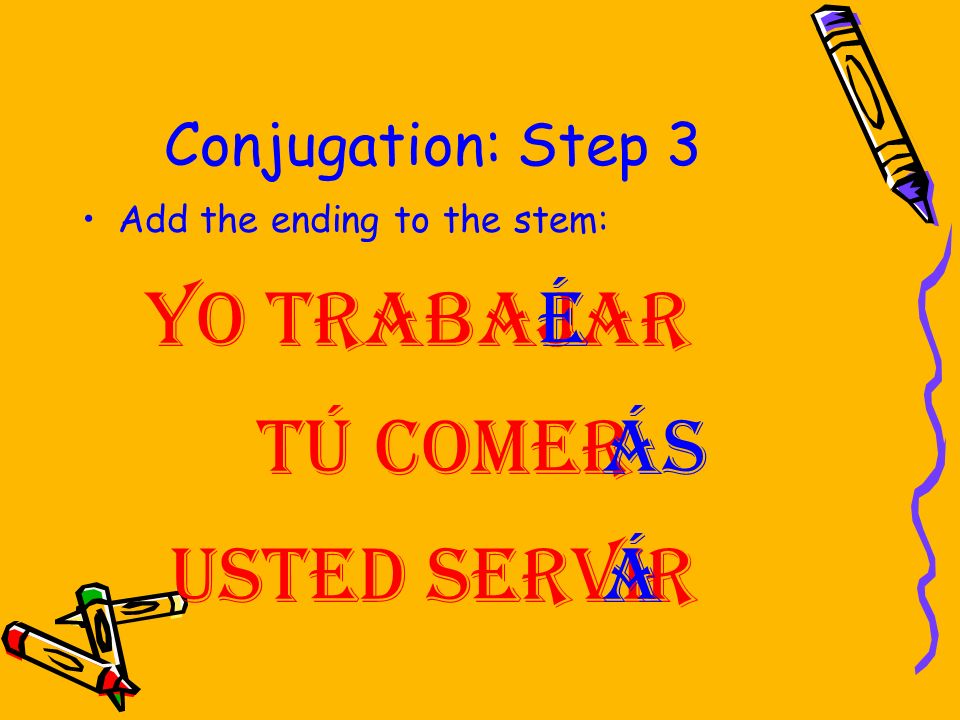 Yo trabajar é Tú comer ás Usted servir á Conjugation: Step 3