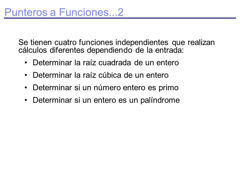 Punteros a Funciones...2 Se tienen cuatro funciones independientes que realizan cálculos diferentes dependiendo de la entrada: