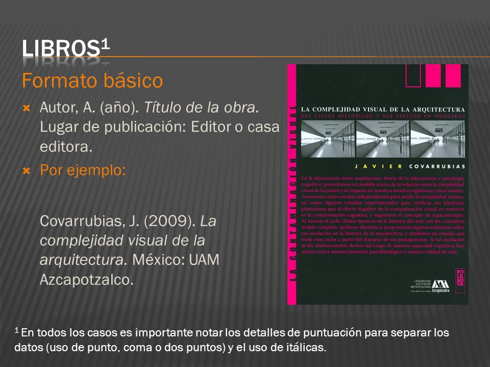 Libros1 Formato básico. Autor, A. (año). Título de la obra. Lugar de publicación: Editor o casa editora.