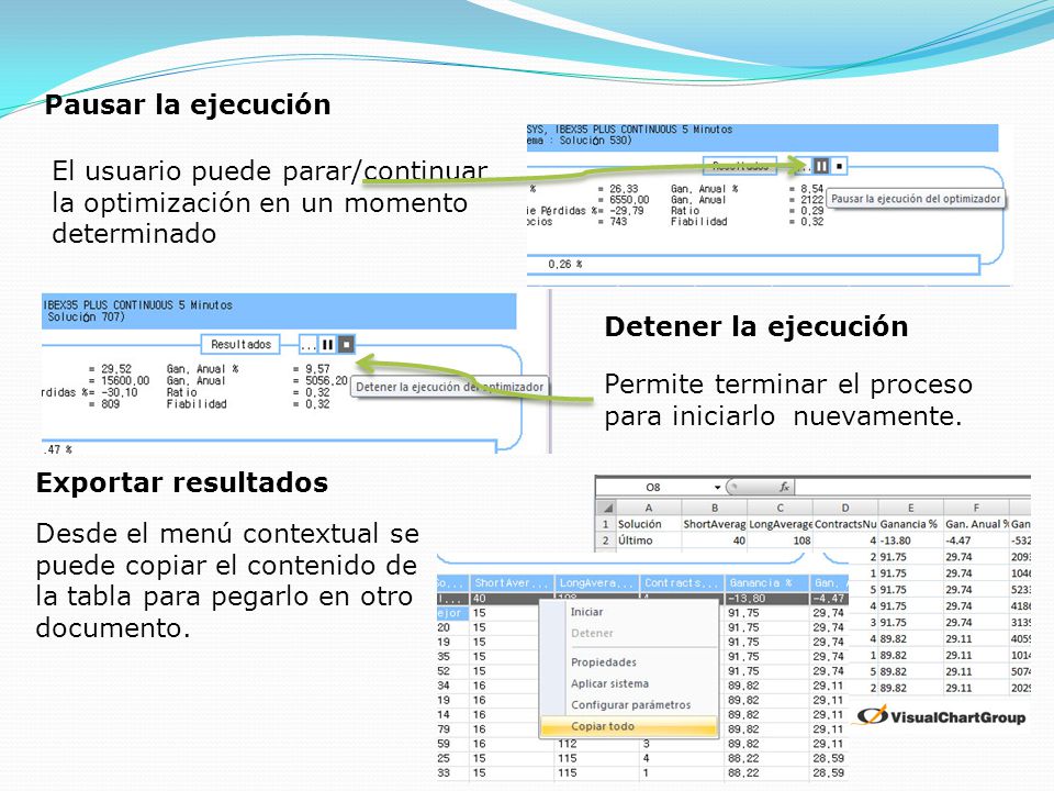 Pausar la ejecución El usuario puede parar/continuar la optimización en un momento determinado. Detener la ejecución.