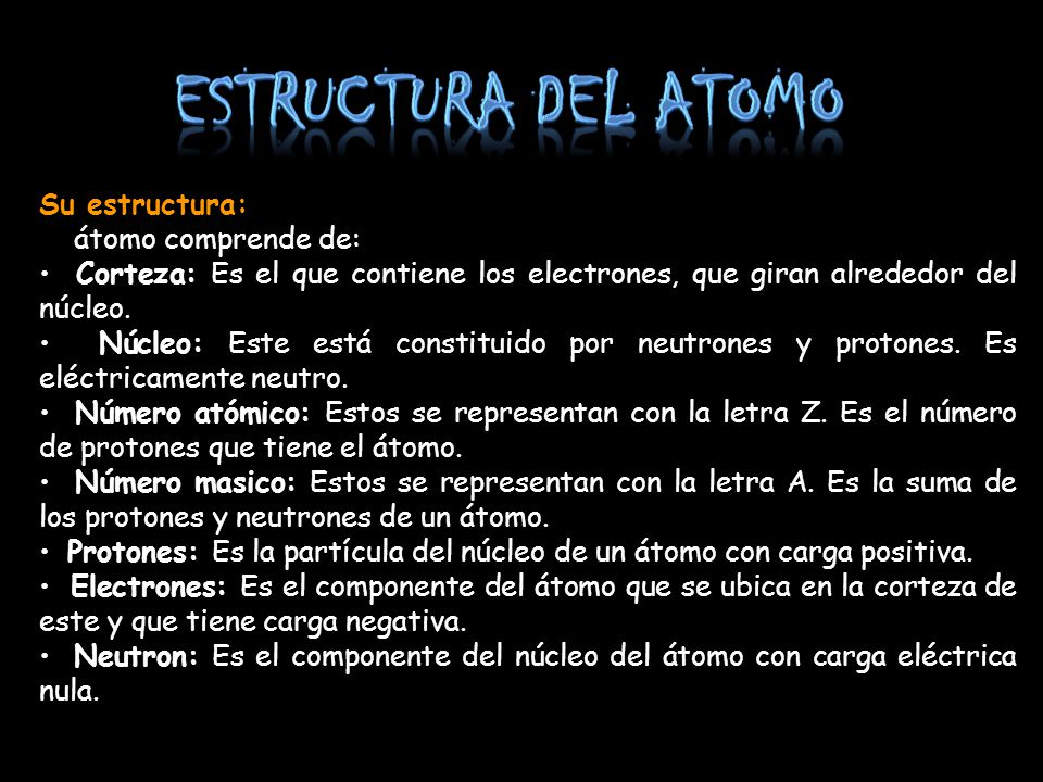 ESTRUCTURA DEL ATOMO Su estructura: El átomo comprende de: