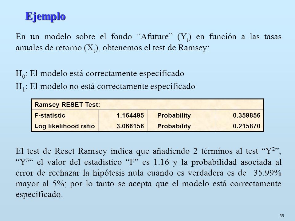 Ejemplo En un modelo sobre el fondo Afuture (Yt) en función a las tasas anuales de retorno (Xt), obtenemos el test de Ramsey: