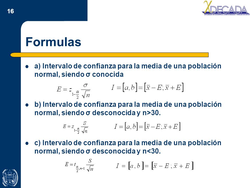 Formulas a) Intervalo de confianza para la media de una población normal, siendo σ conocida.
