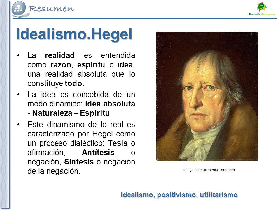 Idealismo.Hegel La realidad es entendida como razón, espíritu o idea, una realidad absoluta que lo constituye todo.
