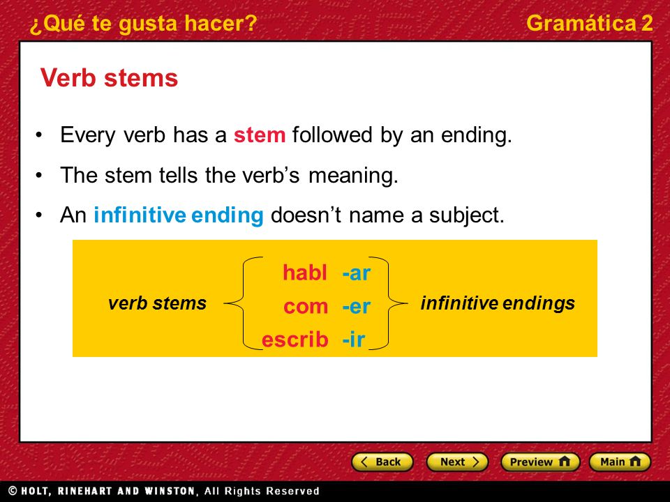 Verb stems Every verb has a stem followed by an ending.