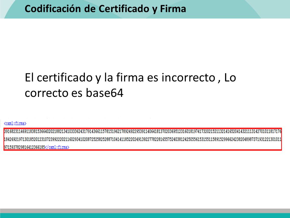 El certificado y la firma es incorrecto , Lo correcto es base64