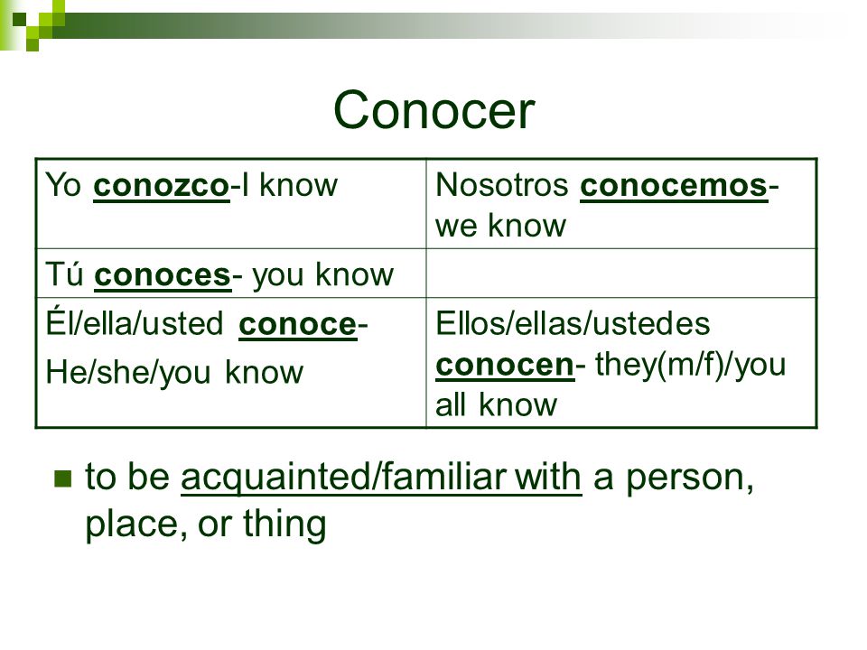 Conocer to be acquainted/familiar with a person, place, or thing