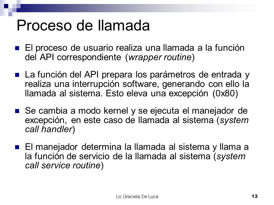 Proceso de llamada El proceso de usuario realiza una llamada a la función del API correspondiente (wrapper routine)