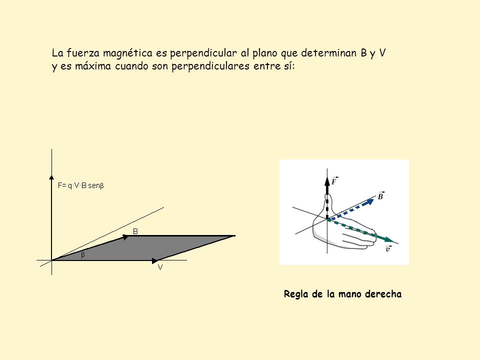 La fuerza magnética es perpendicular al plano que determinan B y V y es máxima cuando son perpendiculares entre sí: