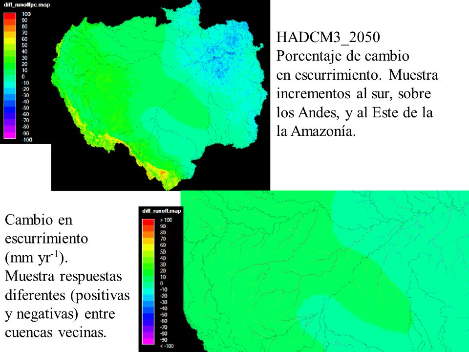 HADCM3_2050 Porcentaje de cambio. en escurrimiento. Muestra. incrementos al sur, sobre. los Andes, y al Este de la.