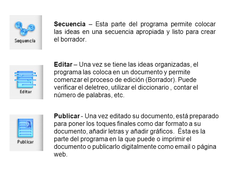 Secuencia – Esta parte del programa permite colocar las ideas en una secuencia apropiada y listo para crear el borrador.