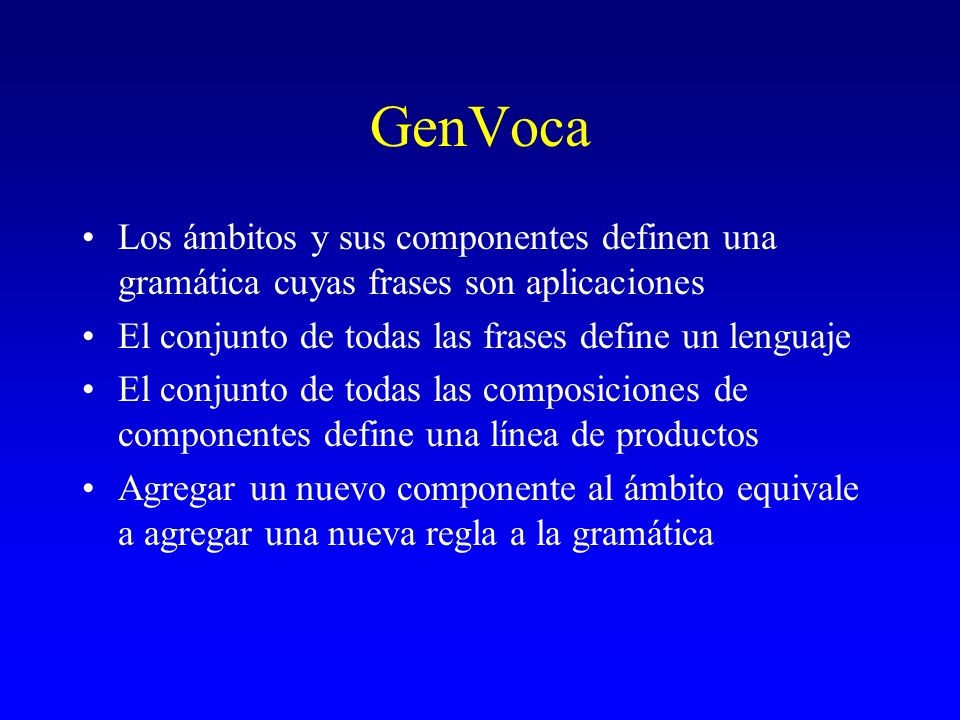 GenVoca Los ámbitos y sus componentes definen una gramática cuyas frases son aplicaciones. El conjunto de todas las frases define un lenguaje.