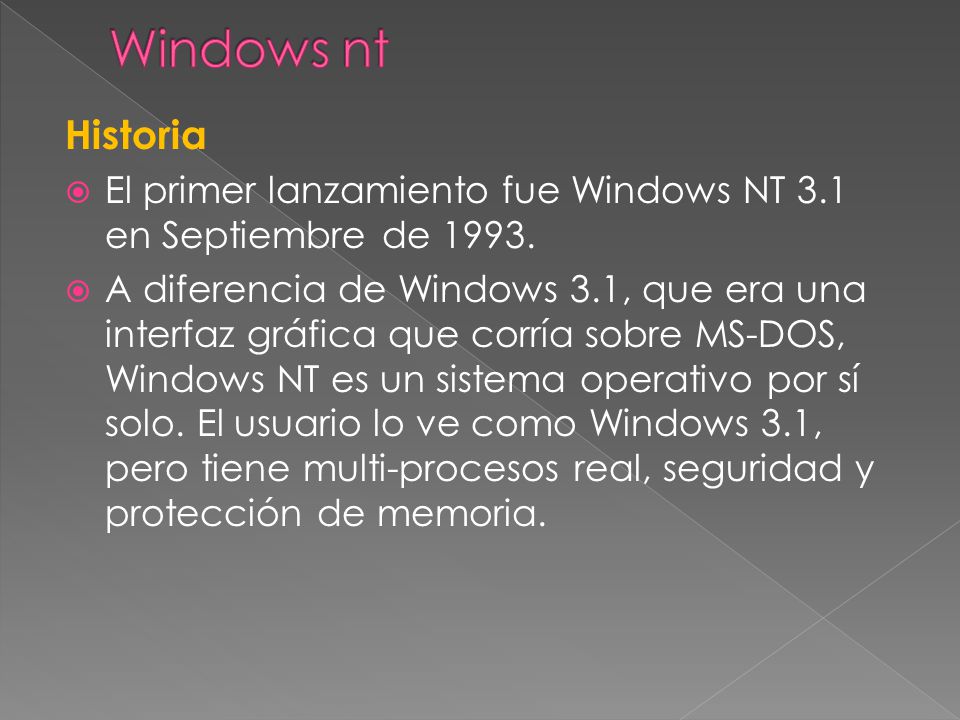 Windows nt Historia. El primer lanzamiento fue Windows NT 3.1 en Septiembre de