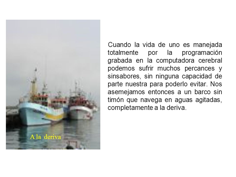 Cuando la vida de uno es manejada totalmente por la programación grabada en la computadora cerebral podemos sufrir muchos percances y sinsabores, sin ninguna capacidad de parte nuestra para poderlo evitar. Nos asemejamos entonces a un barco sin timón que navega en aguas agitadas, completamente a la deriva.