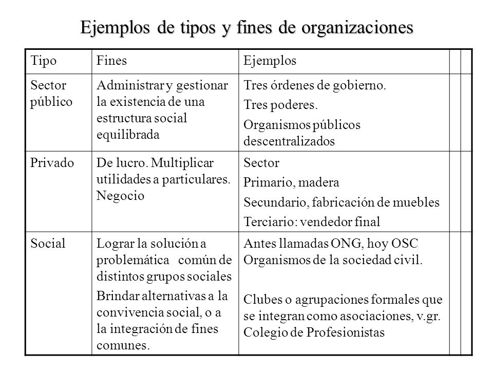 Ejemplos de tipos y fines de organizaciones