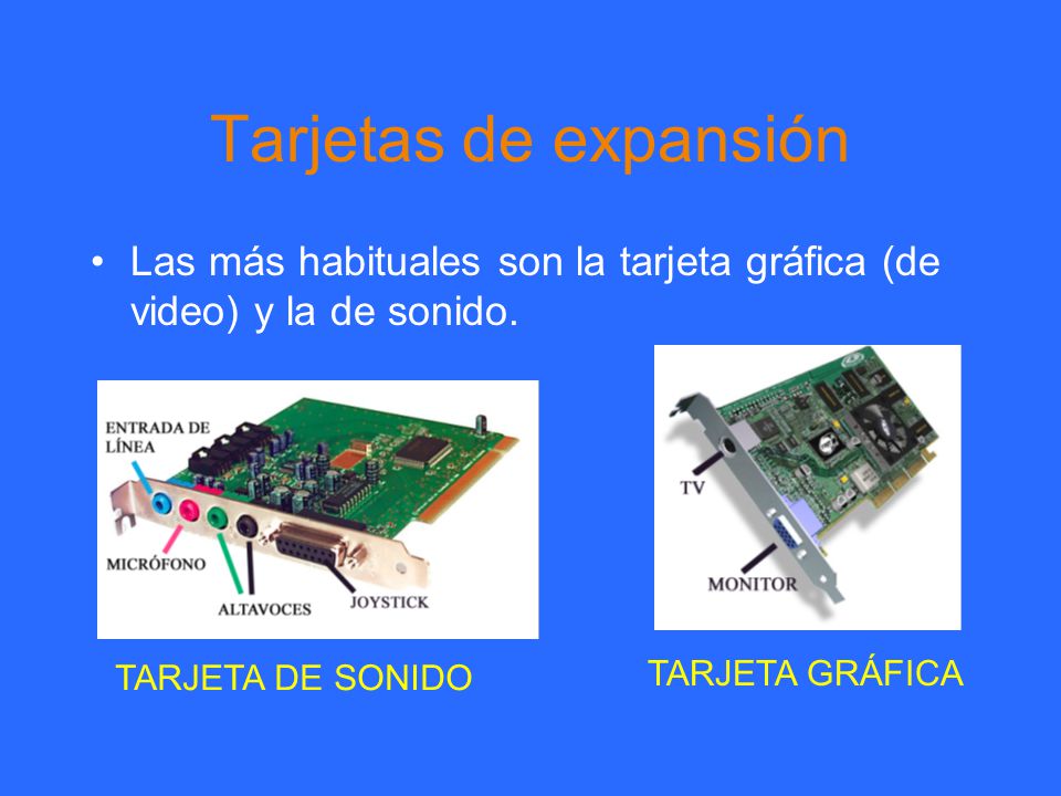 Tarjetas de expansión Las más habituales son la tarjeta gráfica (de video) y la de sonido. TARJETA DE SONIDO.