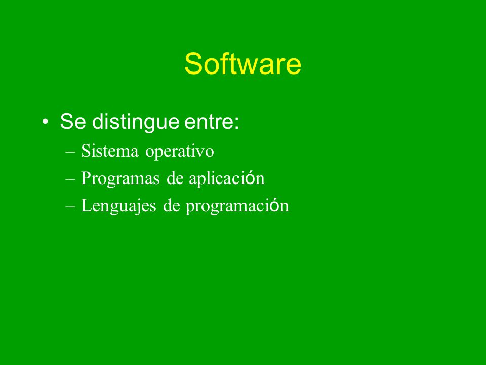 Software Se distingue entre: Sistema operativo Programas de aplicación