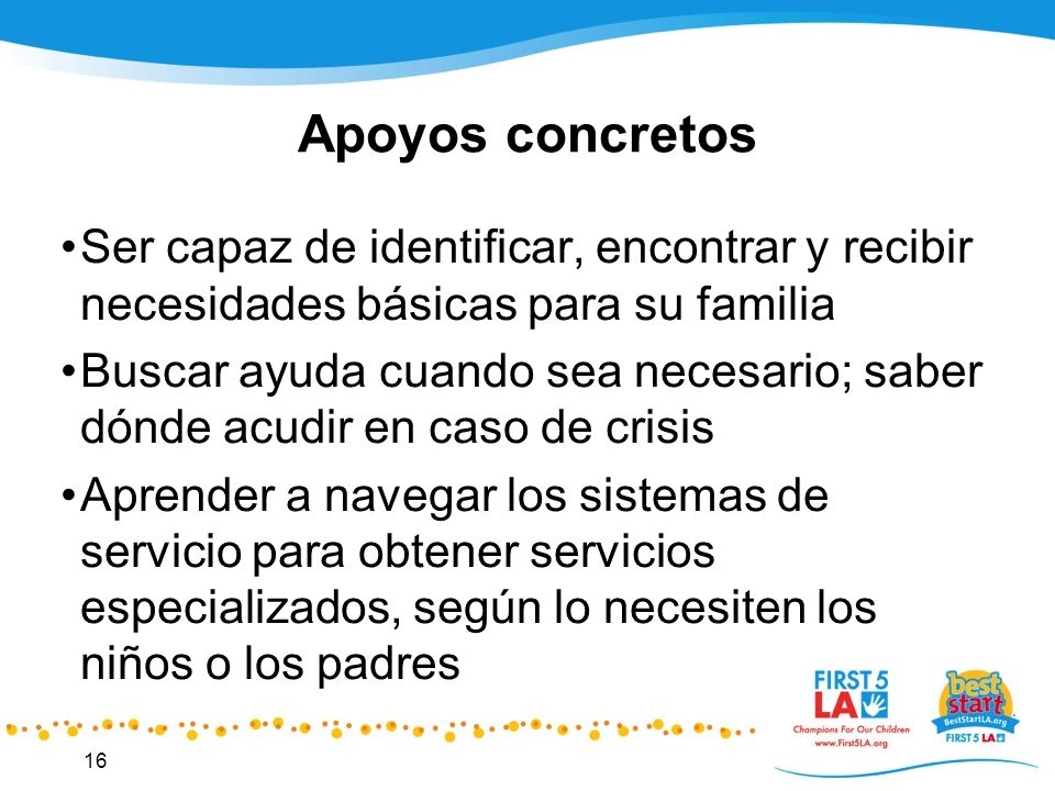 Apoyos concretos Ser capaz de identificar, encontrar y recibir necesidades básicas para su familia.
