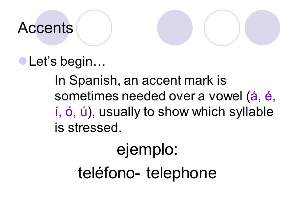 ejemplo: teléfono- telephone Accents Let’s begin…