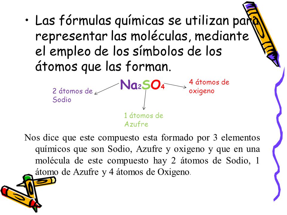Las fórmulas químicas se utilizan para representar las moléculas, mediante el empleo de los símbolos de los átomos que las forman.