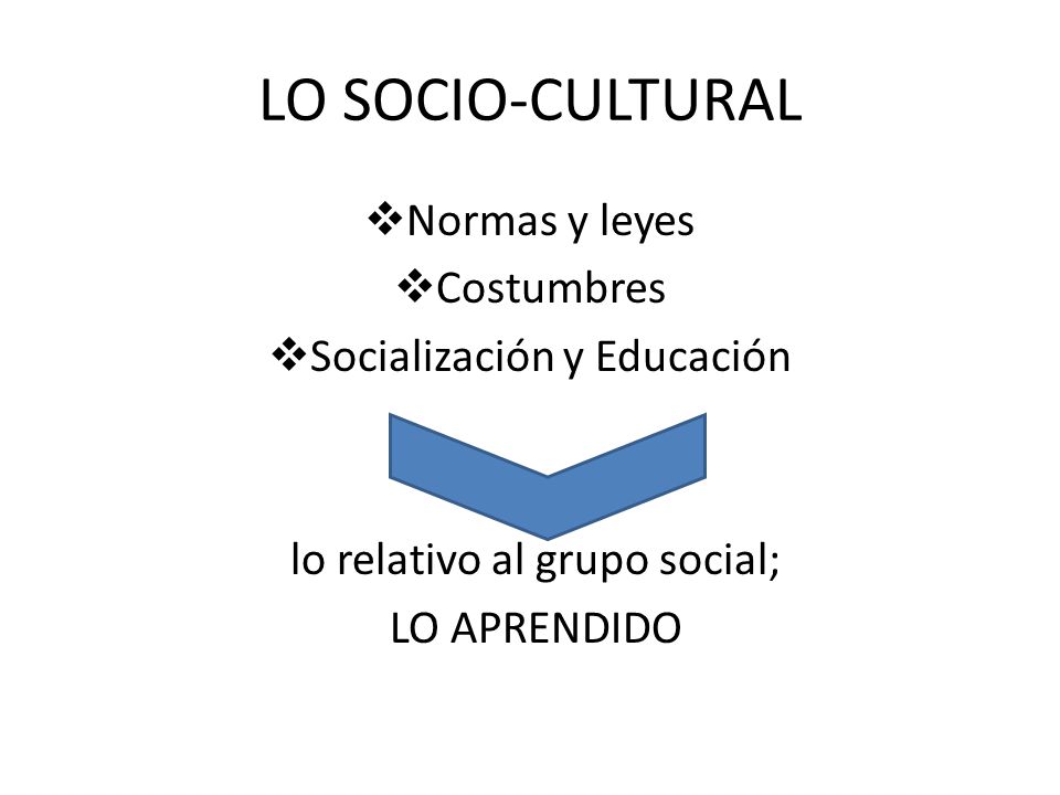 LO SOCIO-CULTURAL Normas y leyes Costumbres Socialización y Educación