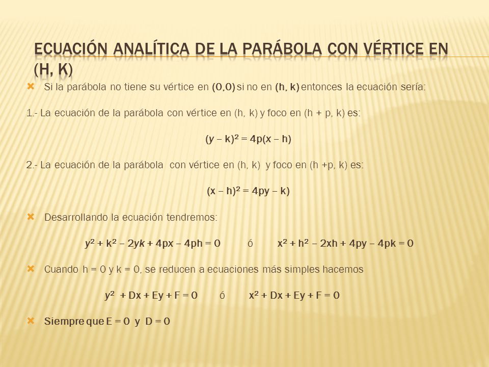 Ecuación analítica de la parábola con vértice en (h, k)