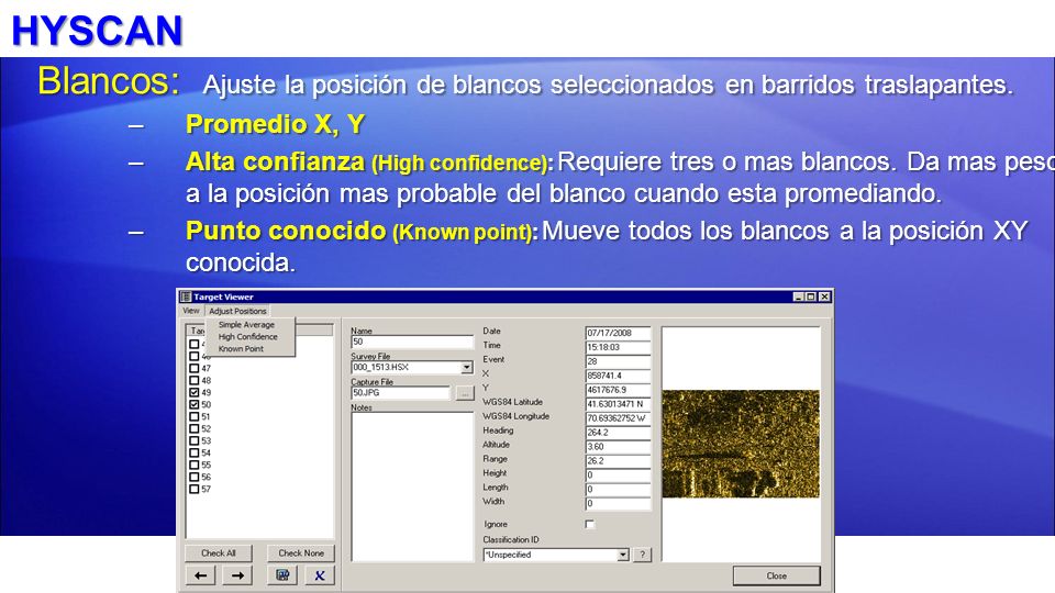 HYSCAN Blancos: Ajuste la posición de blancos seleccionados en barridos traslapantes. Promedio X, Y.