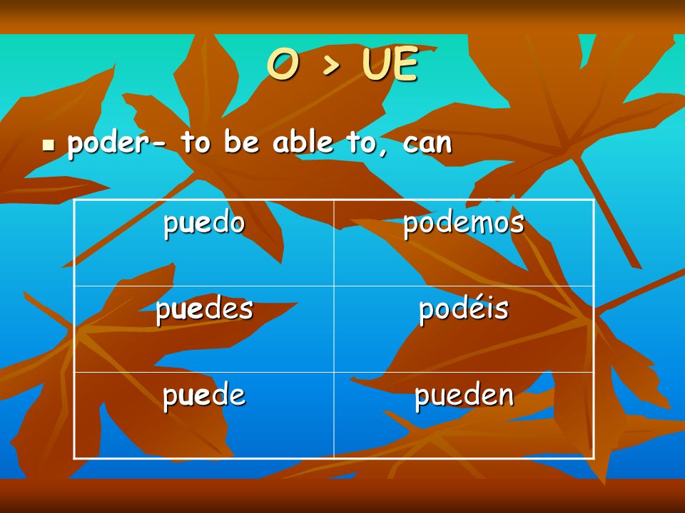 O > UE poder- to be able to, can puedo podemos puedes podéis puede