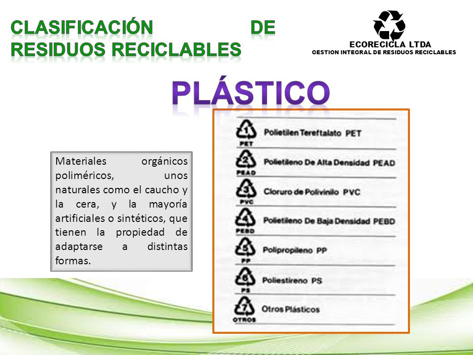 PLÁSTICO CLASIFICACIÓN DE RESIDUOS RECICLABLES
