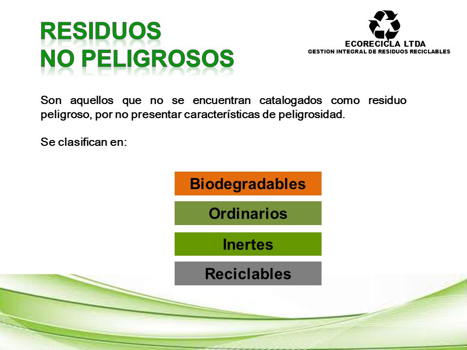 RESIDUOS NO PELIGROSOS Biodegradables Ordinarios Inertes Reciclables