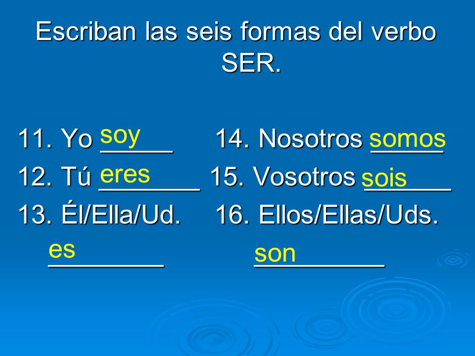 Escriban las seis formas del verbo SER.