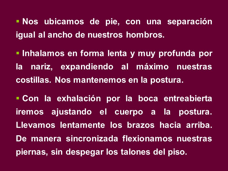 Nos ubicamos de pie, con una separación igual al ancho de nuestros hombros.
