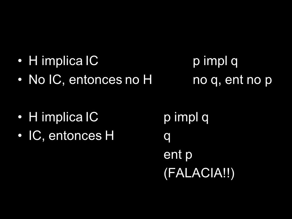 H implica IC p impl q No IC, entonces no H no q, ent no p. H implica IC p impl q. IC, entonces H q.