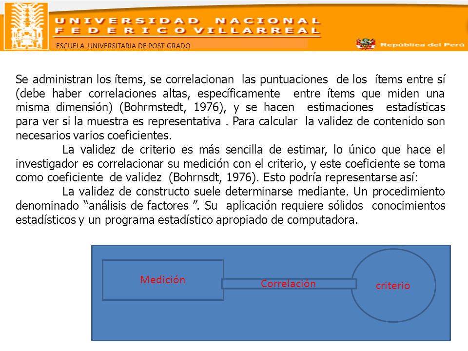 Se administran los ítems, se correlacionan las puntuaciones de los ítems entre sí (debe haber correlaciones altas, específicamente entre ítems que miden una misma dimensión) (Bohrmstedt, 1976), y se hacen estimaciones estadísticas para ver si la muestra es representativa . Para calcular la validez de contenido son necesarios varios coeficientes.