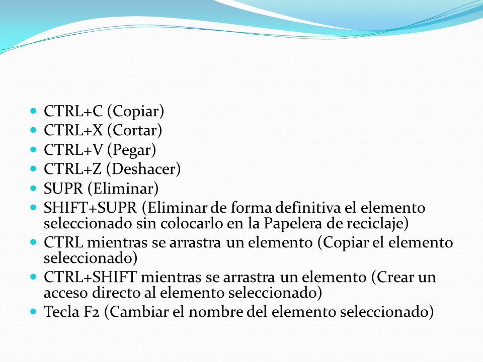CTRL+C (Copiar) CTRL+X (Cortar) CTRL+V (Pegar) CTRL+Z (Deshacer) SUPR (Eliminar)