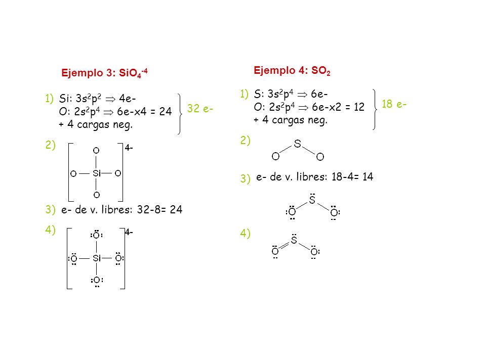 Ejemplo 3: SiO4-4 Si: 3s2p2  4e- O: 2s2p4  6e-x4 = 24