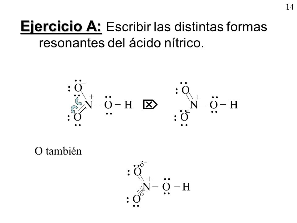 14 Ejercicio A: Escribir las distintas formas resonantes del ácido nítrico. + N O H. : O. · ·