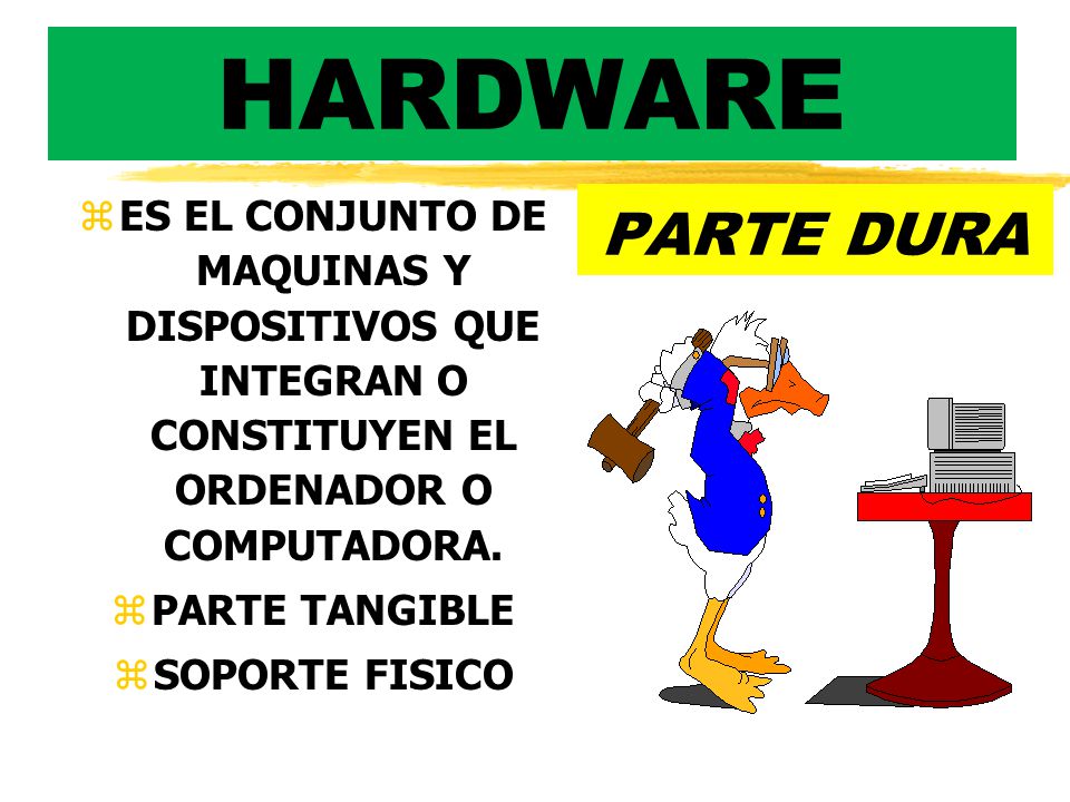 HARDWARE ES EL CONJUNTO DE MAQUINAS Y DISPOSITIVOS QUE INTEGRAN O CONSTITUYEN EL ORDENADOR O COMPUTADORA.