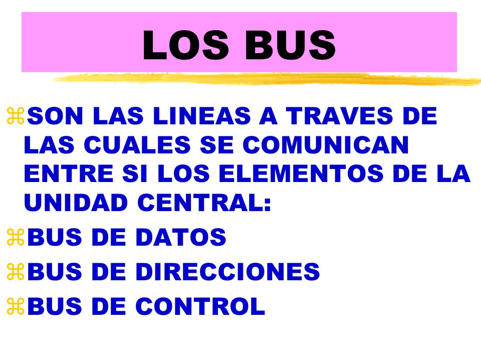 LOS BUS SON LAS LINEAS A TRAVES DE LAS CUALES SE COMUNICAN ENTRE SI LOS ELEMENTOS DE LA UNIDAD CENTRAL: