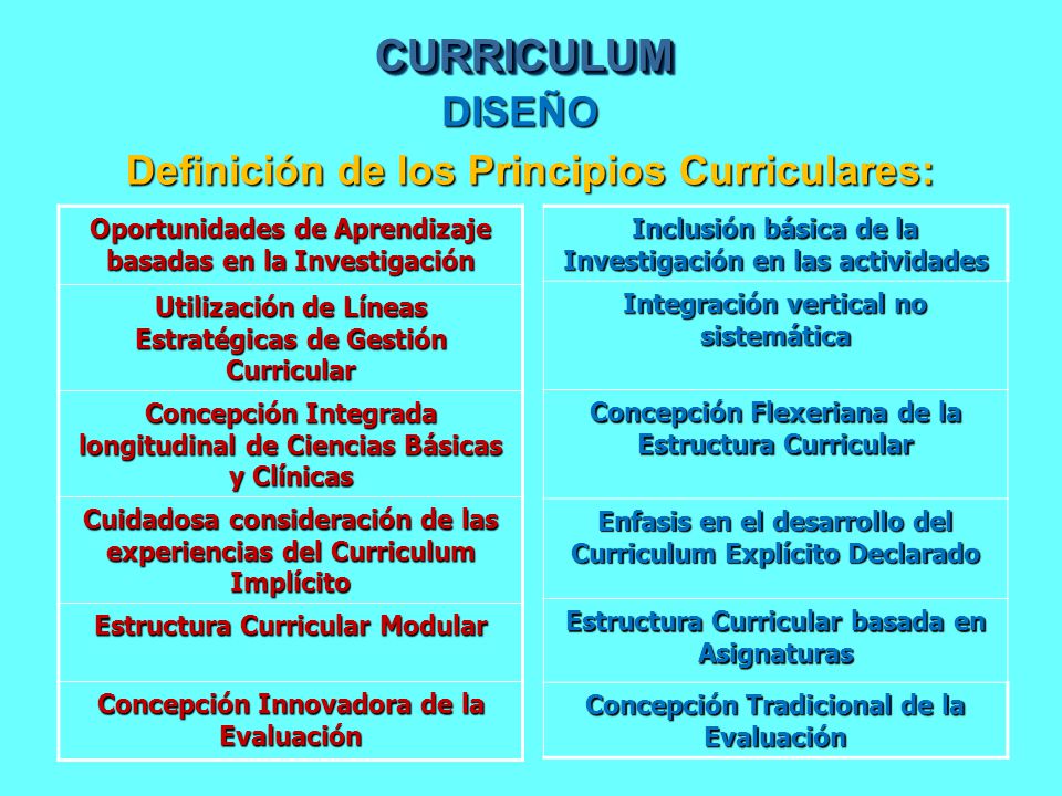 CURRICULUM DISEÑO Definición de los Principios Curriculares: