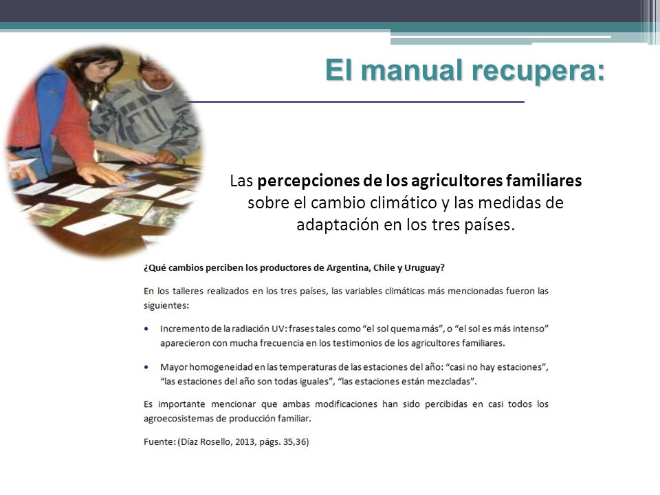 El manual recupera: Las percepciones de los agricultores familiares sobre el cambio climático y las medidas de adaptación en los tres países.