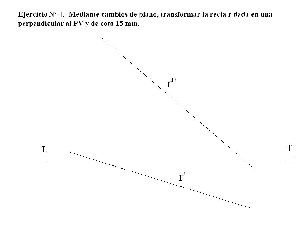 Ejercicio Nº 4.- Mediante cambios de plano, transformar la recta r dada en una perpendicular al PV y de cota 15 mm.