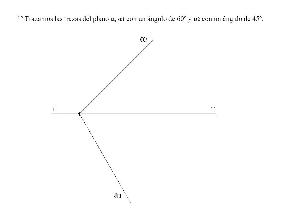 1º Trazamos las trazas del plano α, α1 con un ángulo de 60º y α2 con un ángulo de 45º.