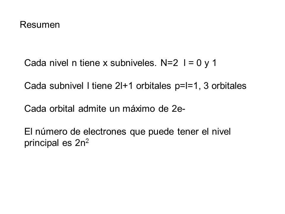 Resumen Cada nivel n tiene x subniveles. N=2 l = 0 y 1. Cada subnivel l tiene 2l+1 orbitales p=l=1, 3 orbitales.
