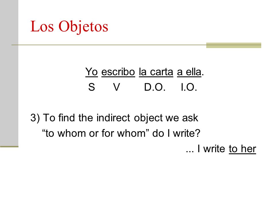 Los Objetos Yo escribo la carta a ella. S V D.O. I.O.
