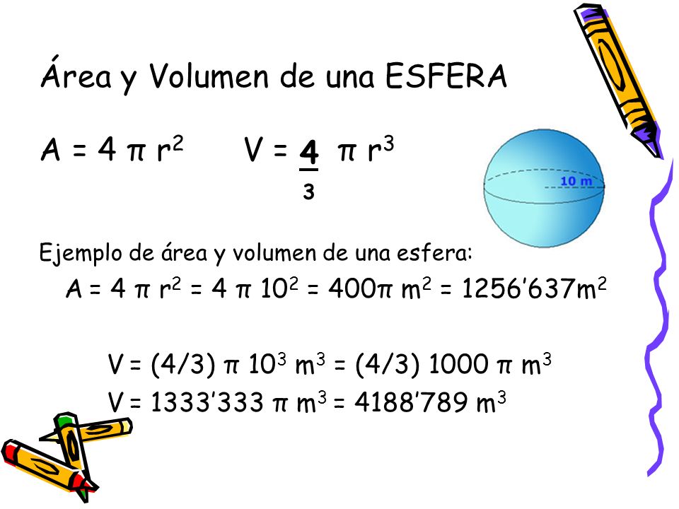 Área y Volumen de una ESFERA A = 4 π r2 V = π r3 4 3