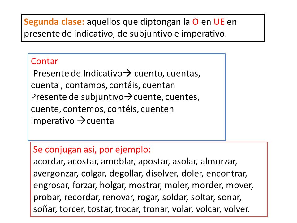 Segunda clase: aquellos que diptongan la O en UE en presente de indicativo, de subjuntivo e imperativo.