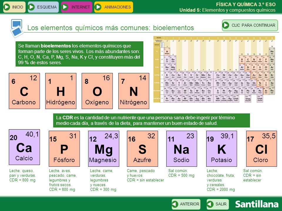 CLIC PARA CONTINUAR Los elementos químicos más comunes: bioelementos.