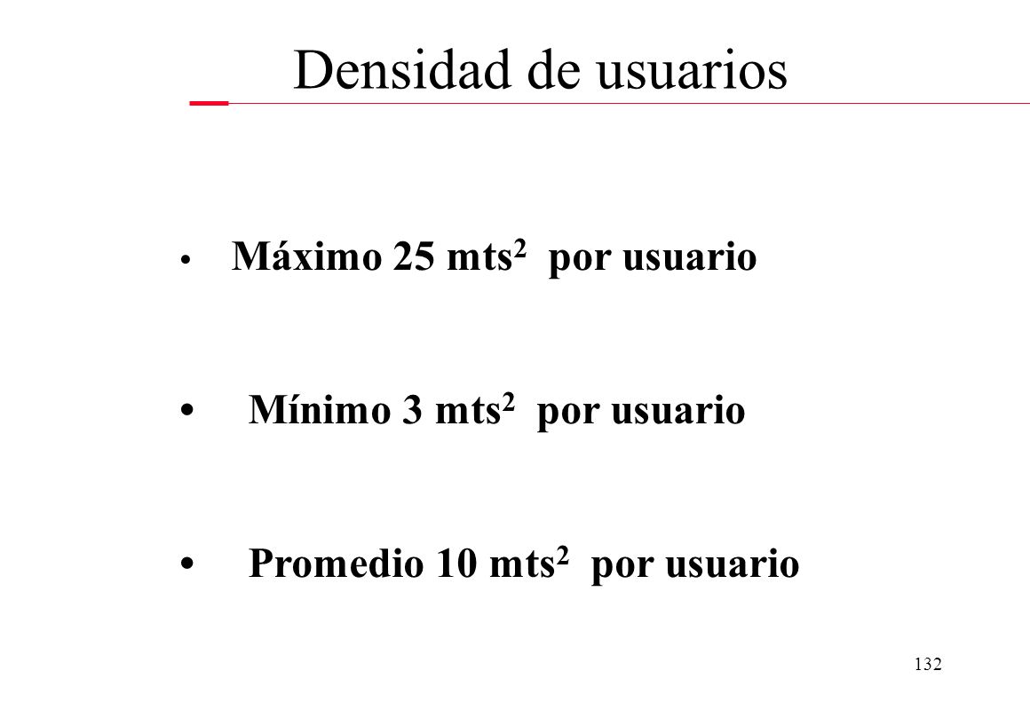 Densidad de usuarios • Mínimo 3 mts2 por usuario